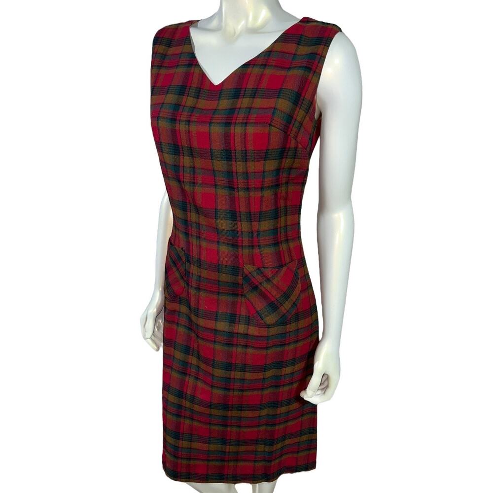 Vtg 1950s Bonnie Heather Plaid Wool Jumper Dress Sz 10 Tartan Midi Pockets